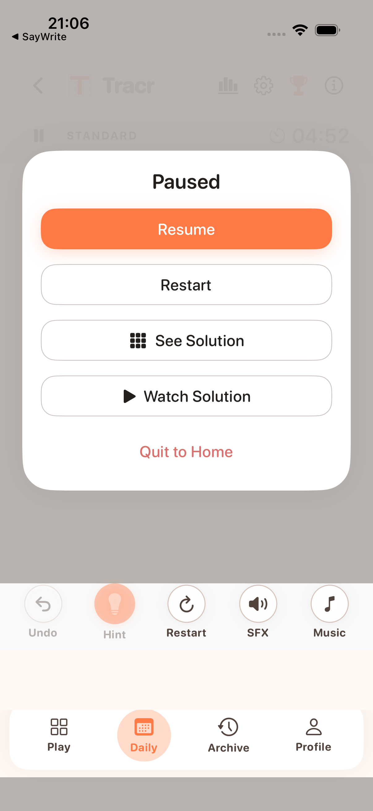 Tracr pause overlay with Resume, Restart, See Solution, and Watch Solution.